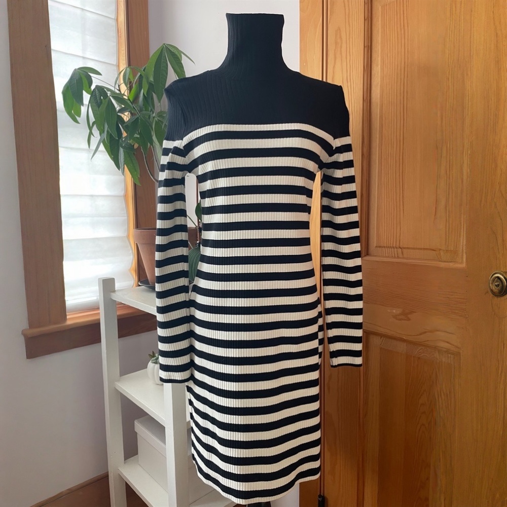 Topshop Black and Off White Striped Turtleneck Dress - NWT